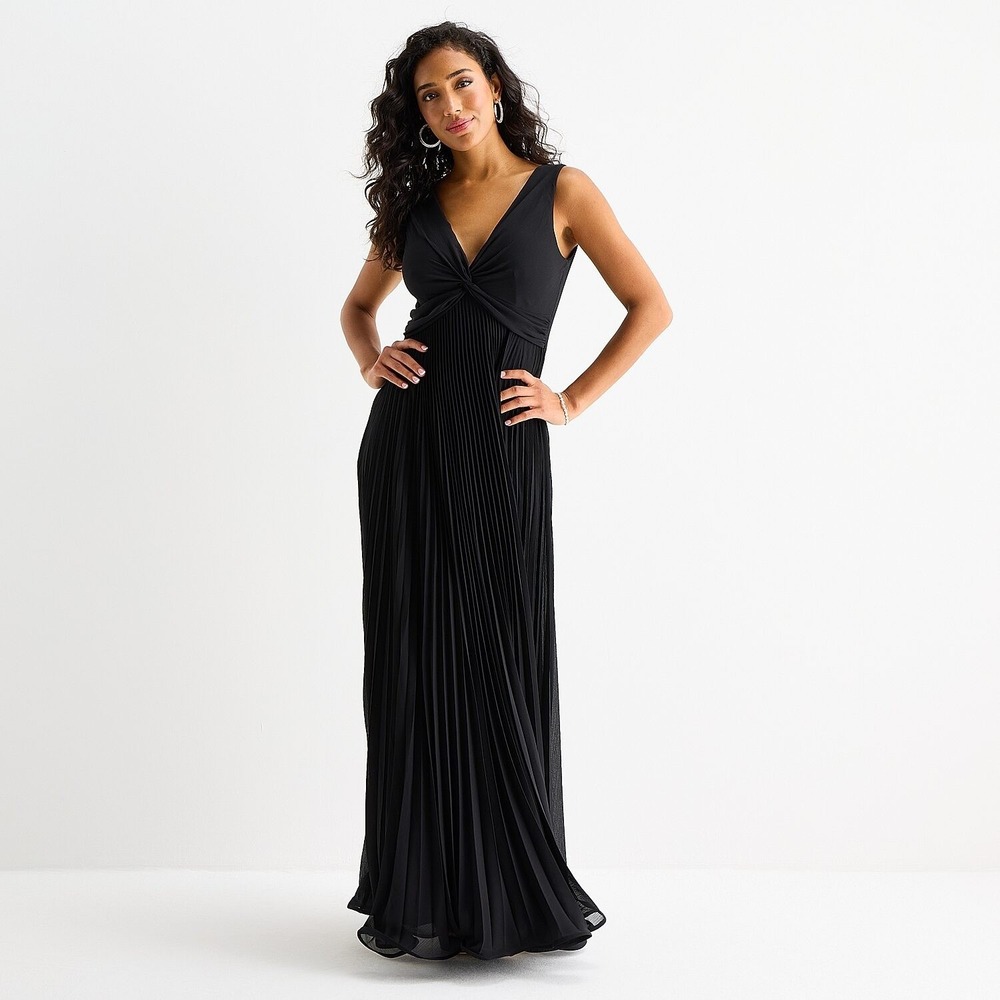 NWT Melonie T Women's 8 Black Twist V Neck Sleeveless Evening Gown